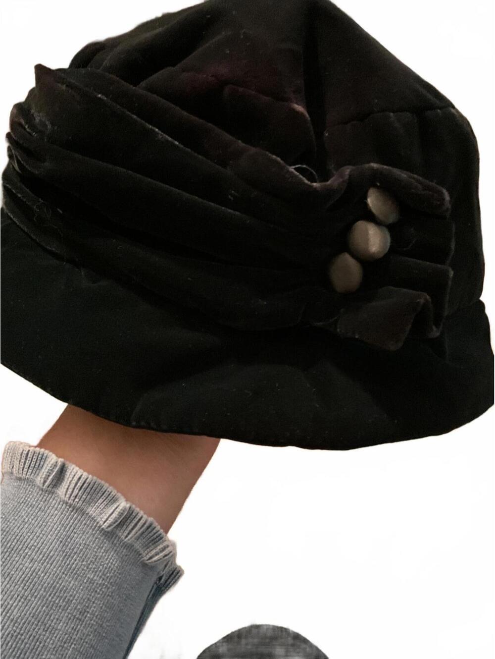 Elegant Velvet Black Hat with Decorative buttons and Ruching One Size